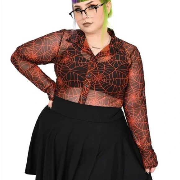 Foxblood Cobweb Mesh Button Up Top black orange - Picture 4 of 9